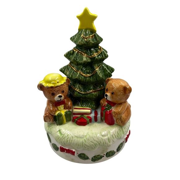 VTG Happy Bears Musical Jingle Bells Revolving Christmas Tree Glazed Ceramic - Picture 1 of 9